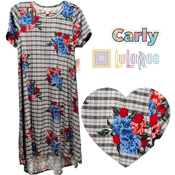 LulaRoe Carly Long/Midi Dress High Low Hem Stretchy Comfortable Plaid Floral XS - Picture 1 of 11